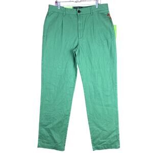Houston White Mens Chinos Green Single Pleated Wide Leg Cotton NWT 36x34